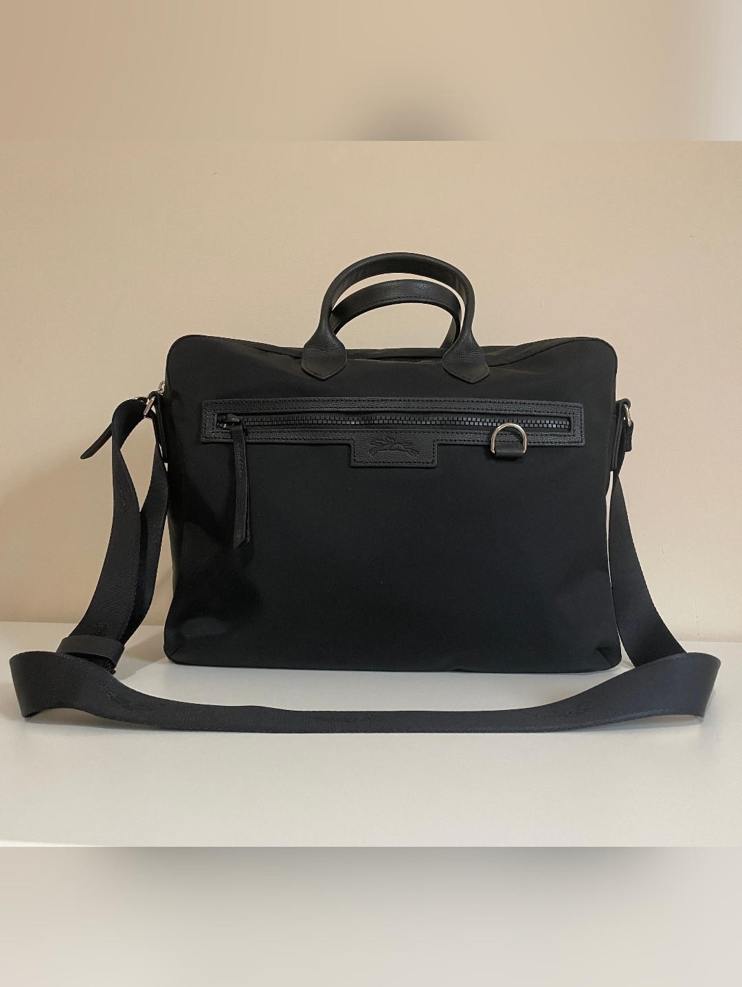 Longchamp Black Cowhide Leather Trim Briefcase With Shoulder Strap
